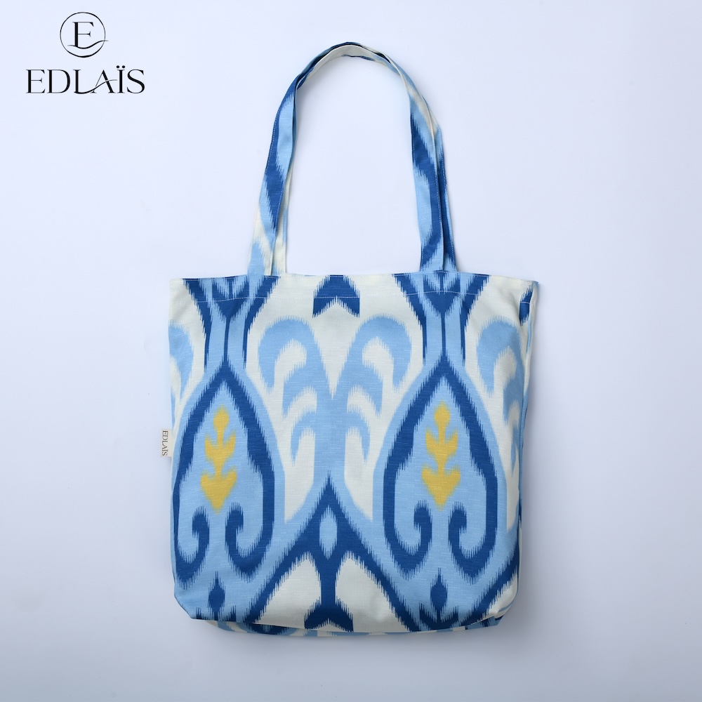 Sac cabas en toile canvas avec motif Ikat bleu et jaune - Edlaïs